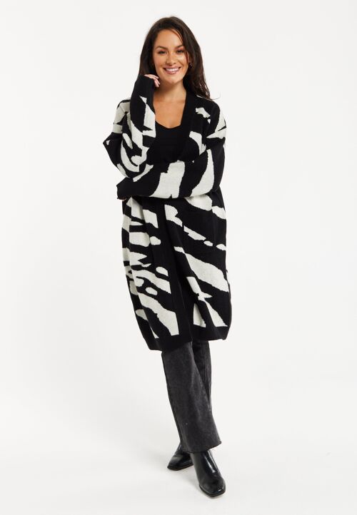 Liquorish Zebra-Print Long Open Cardigan in Black&White