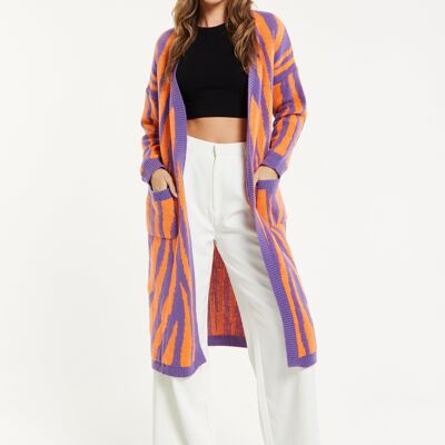 Cardigan long à rayures zébrées Liquorish en violet et orange
