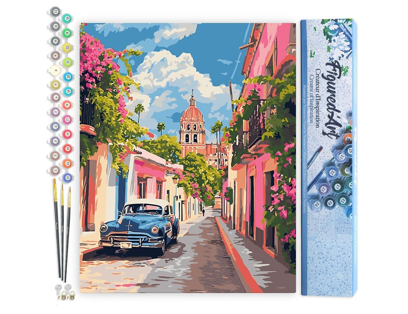 Kit fai da te per dipingere con i numeri - Auto d'epoca a Città del Messico - Tela arrotolata