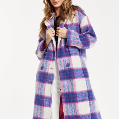 Liquorish Longline Coat In Pink And Navy Checks