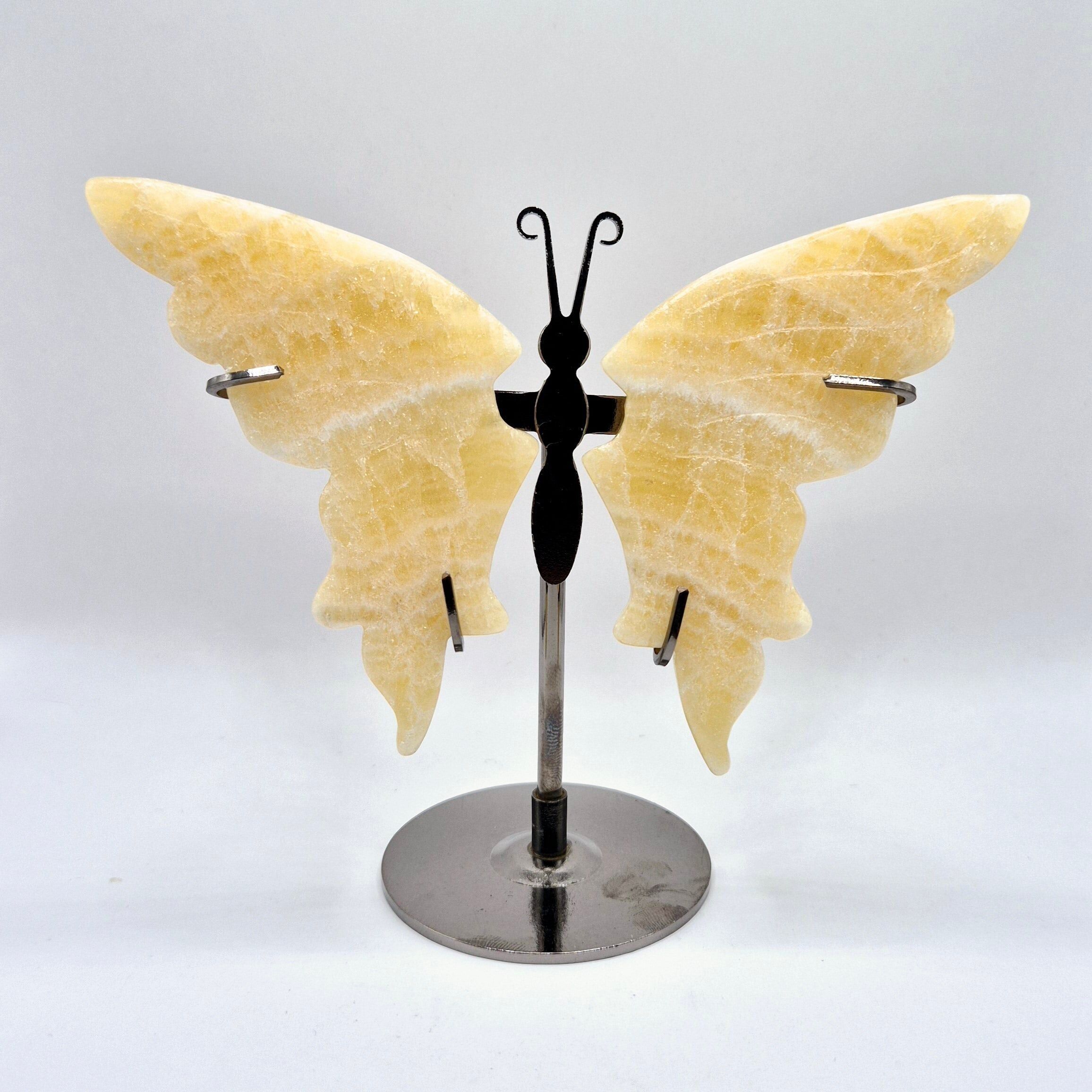 Sculpture en cristal de calcite jaune avec support en métal