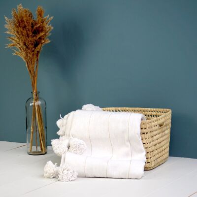 Plaid con pompon marocchino bianco con strisce dorate