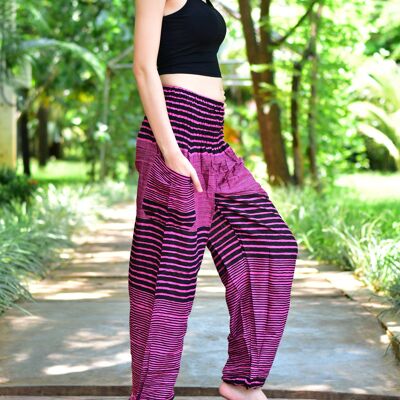 Pantalones harén con cintura elástica fruncida y rayas con parches rosas de Bohotusk Kids (13 a 15 años)