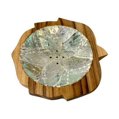 Portasapone rotondo a forma di foglia, in legno di teak con intarsi in abalone, circa.12 centimetri