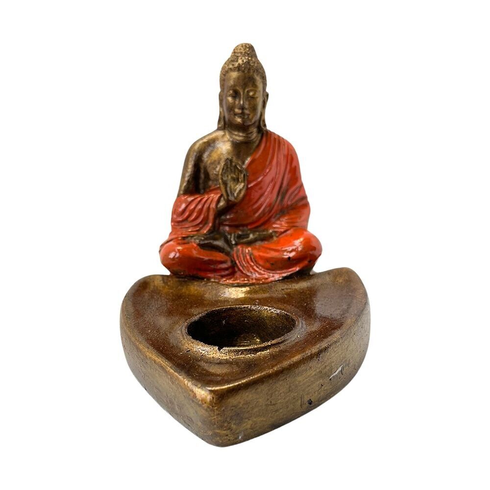 Buddha in abito arancione con portacandele, 12x9x15cm