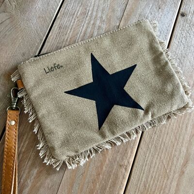 Pochette Boho étoile - zéro déchet (coton recyclé kaki) NEUF