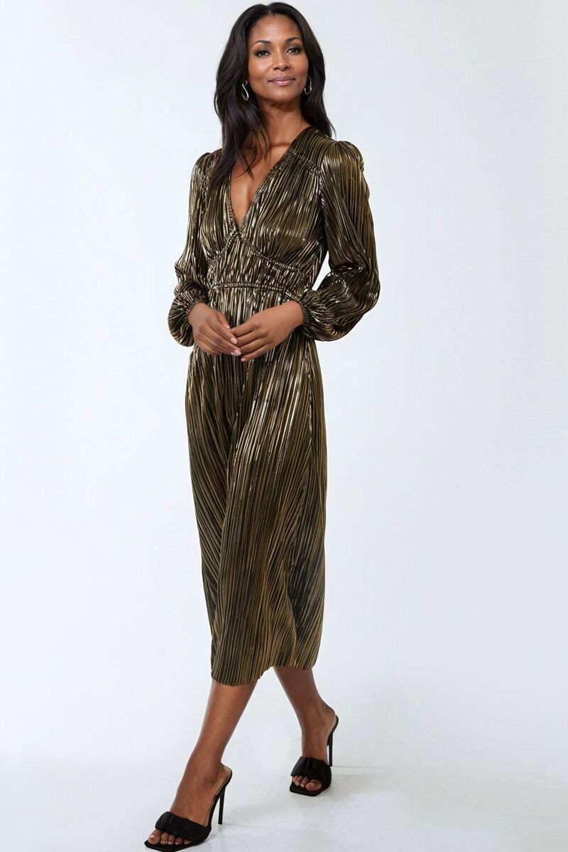 gold metallic plisse strappy knot front midi dress Buy wholesale V-Neck Gender Women