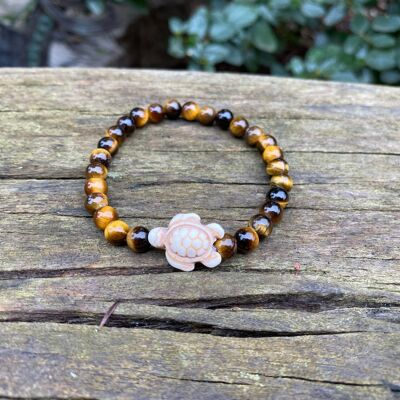 Pulsera elástica de litoterapia en Ojo de Tigre natural y tortuga Howlita beige