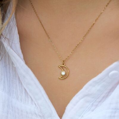 Collar de luna creciente en acero inoxidable dorado y piedra natural, joyería lunar para mujer