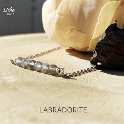 Delicata collana a barra di labradorite in acciaio inossidabile per protezione, gioielli di benessere antistress, regalo personalizzato in pietra di ancoraggio naturale