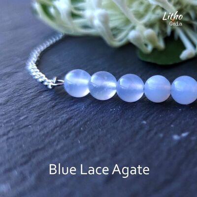 Delicado collar de barra de ágata de encaje azul Grado A en plata para la ansiedad, joyería de cuentas de comunicación, piedra calmante como regalo de bodas