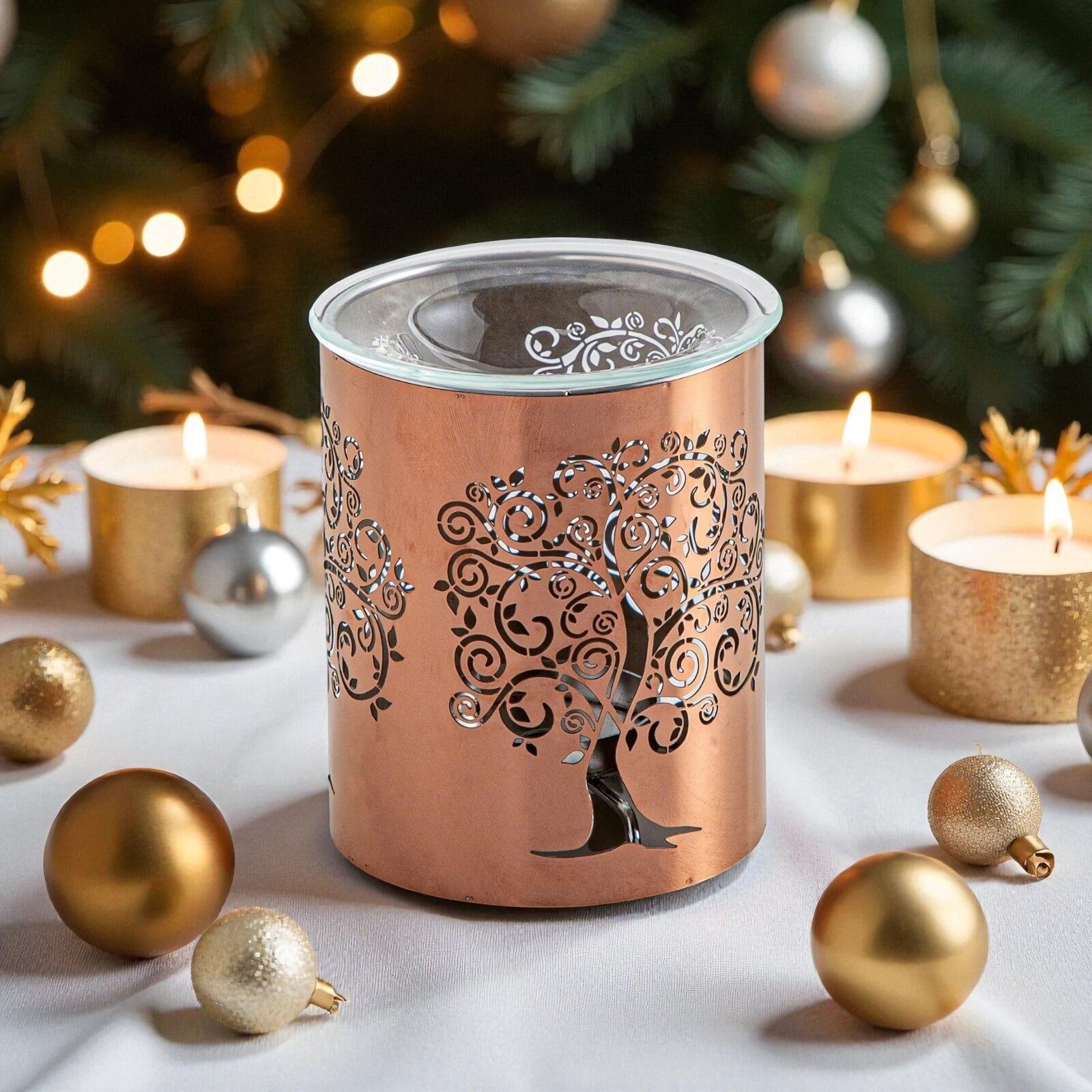 Duftwachsbrenner Metally Sacred Tree Series – Originelles Muster – Gesunde Diffusion – Metall und Glas – Innendekoration – Geschenkidee