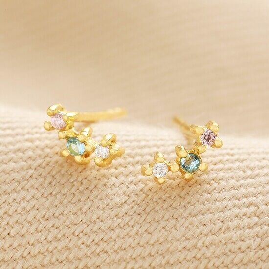 Gold Sterling Silver Triple Pastel Crystal Stud Earrings