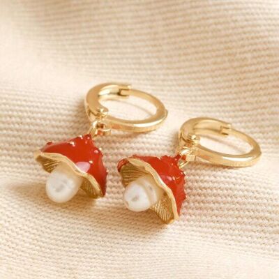 Enamel Toadstool and Pearl Huggie Hoop Earrings