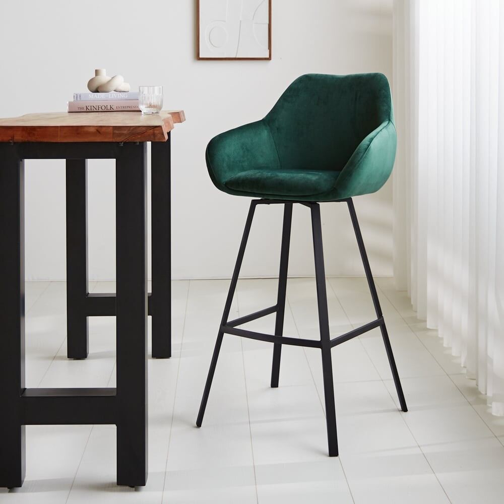 Sgabello da bar girevole Elise velluto verde con braccioli 79 cm