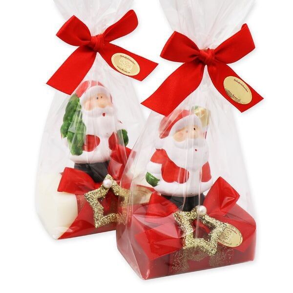 Jabón de leche de oveja cuadrado 100g, decorado con Papá Noel en violonchelo, clásico/granada