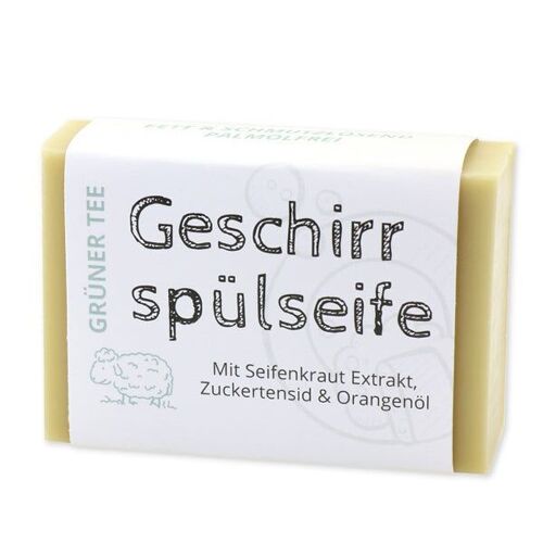 Geschirrspülseife eckig 150g mit Papierschleife, Grüner Tee