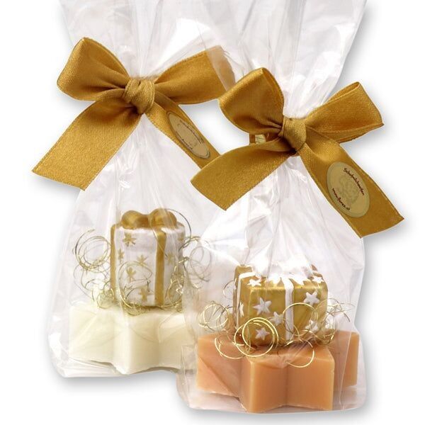 Jabón de leche de oveja estrella midi 20g, decorado con paquetitos en violonchelo, clásico/membrillo