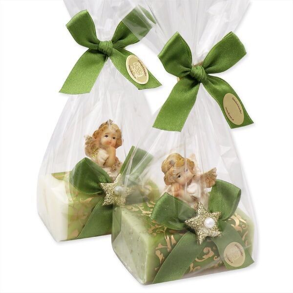 Schafmilchseife eckig 100g dekoriert mit Engel in Cello, Classic/Eisenkraut