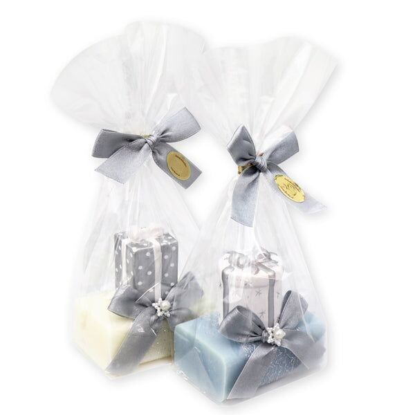 Jabón de leche de oveja cuadrado 100g, decorado con paquete de regalo en violonchelo, Clásico/Flor de Hielo