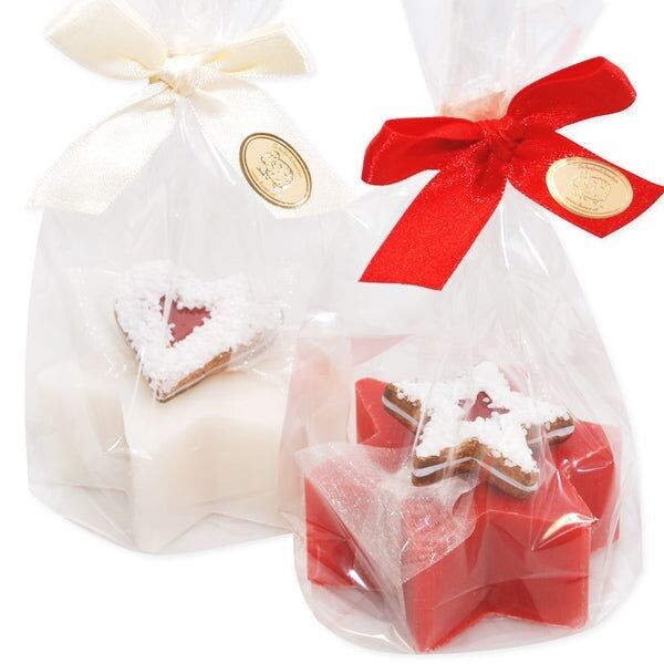 Schafmilchseife Stern 80g, dekoriert mit Deko Kekse in Cello, Classic/Granatapfel