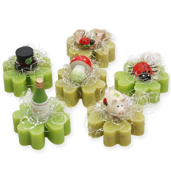 Jabón de leche de oveja trébol midi 25g decorado con amuleto de la suerte, pera/verbena