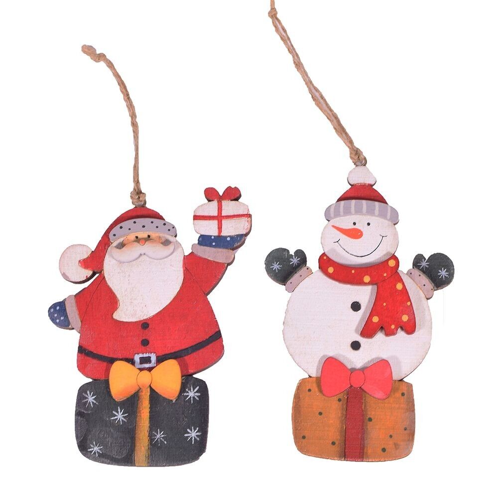 Christbaumschmuck aus Holz, Weihnachtsmann und Schneemann