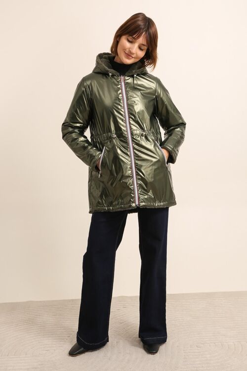 Veste en fourrure réversible mi-longue à capuche