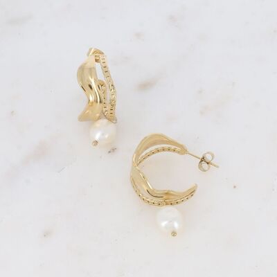 Creoles - double braided and wavy ring, with freshwater pearl