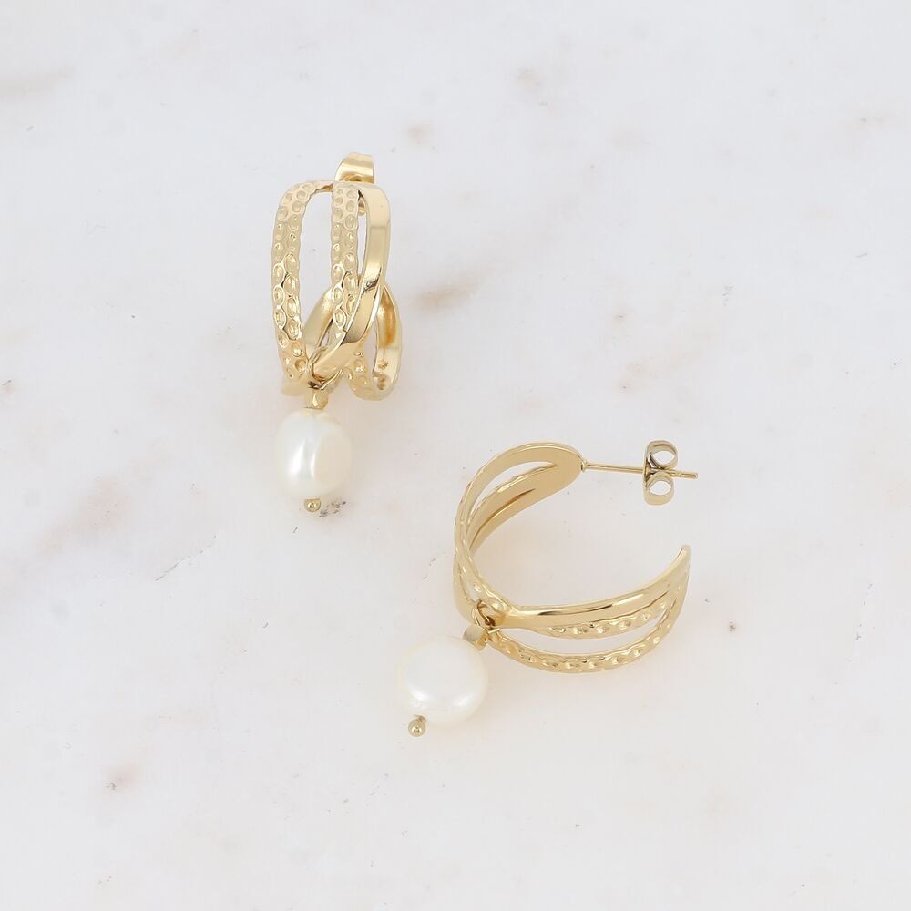 Orecchini a cerchio - 3 anelli testurizzati e perla d'acqua dolce