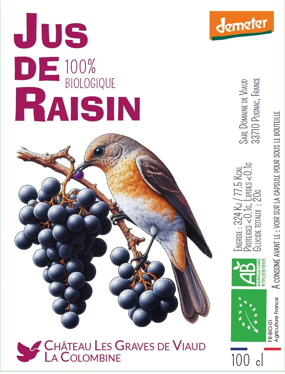 Pur Jus de Raisin Merlot 100% Biologique et Demeter, 100 Cl