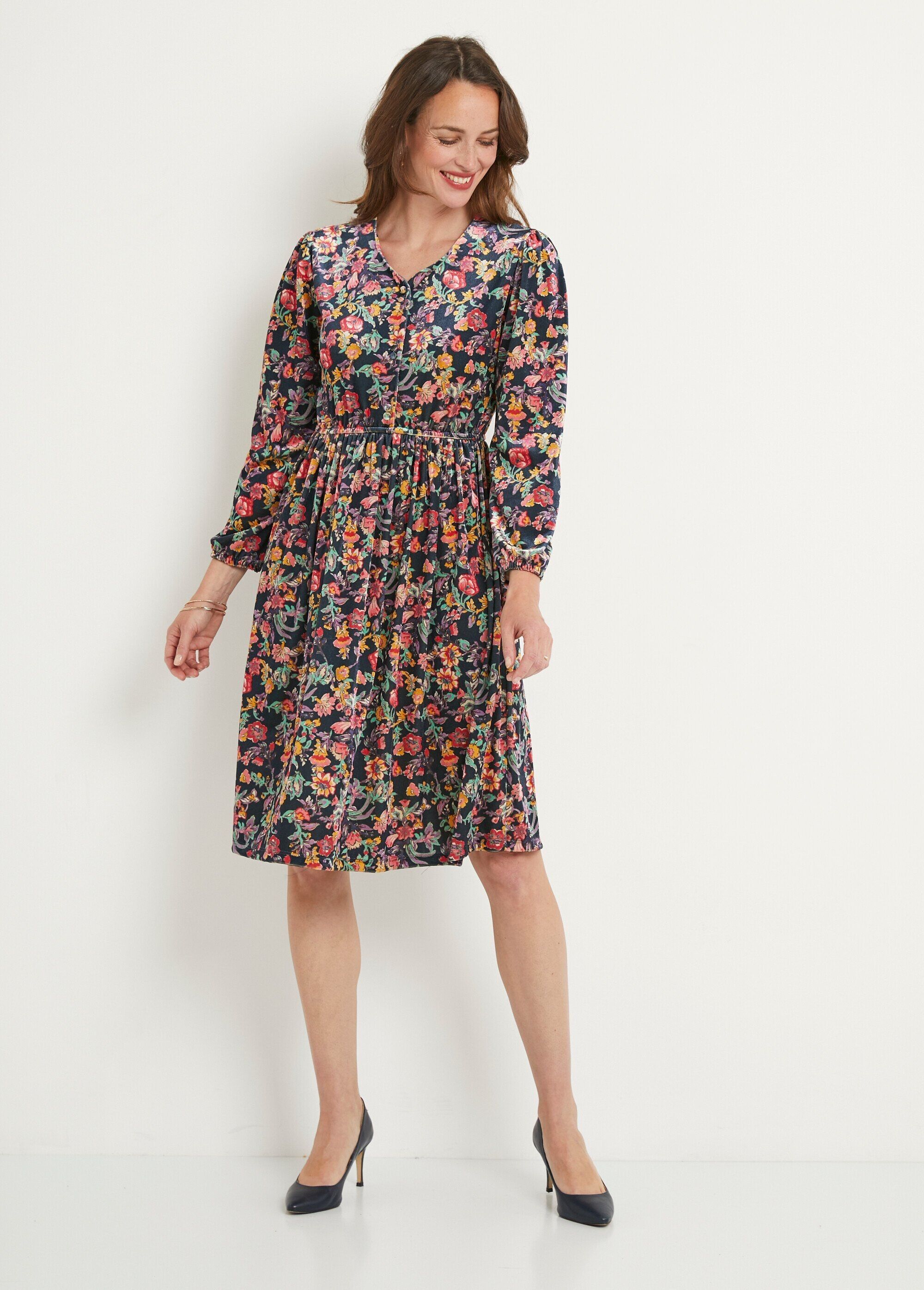 Abito corto svasato in velluto floreale con scollo a V