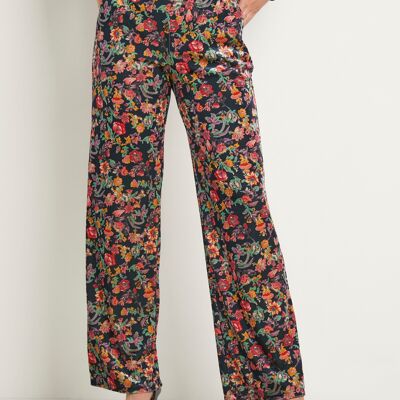 Pantaloni fluidi con vita semielasticizzata e velluto floreale