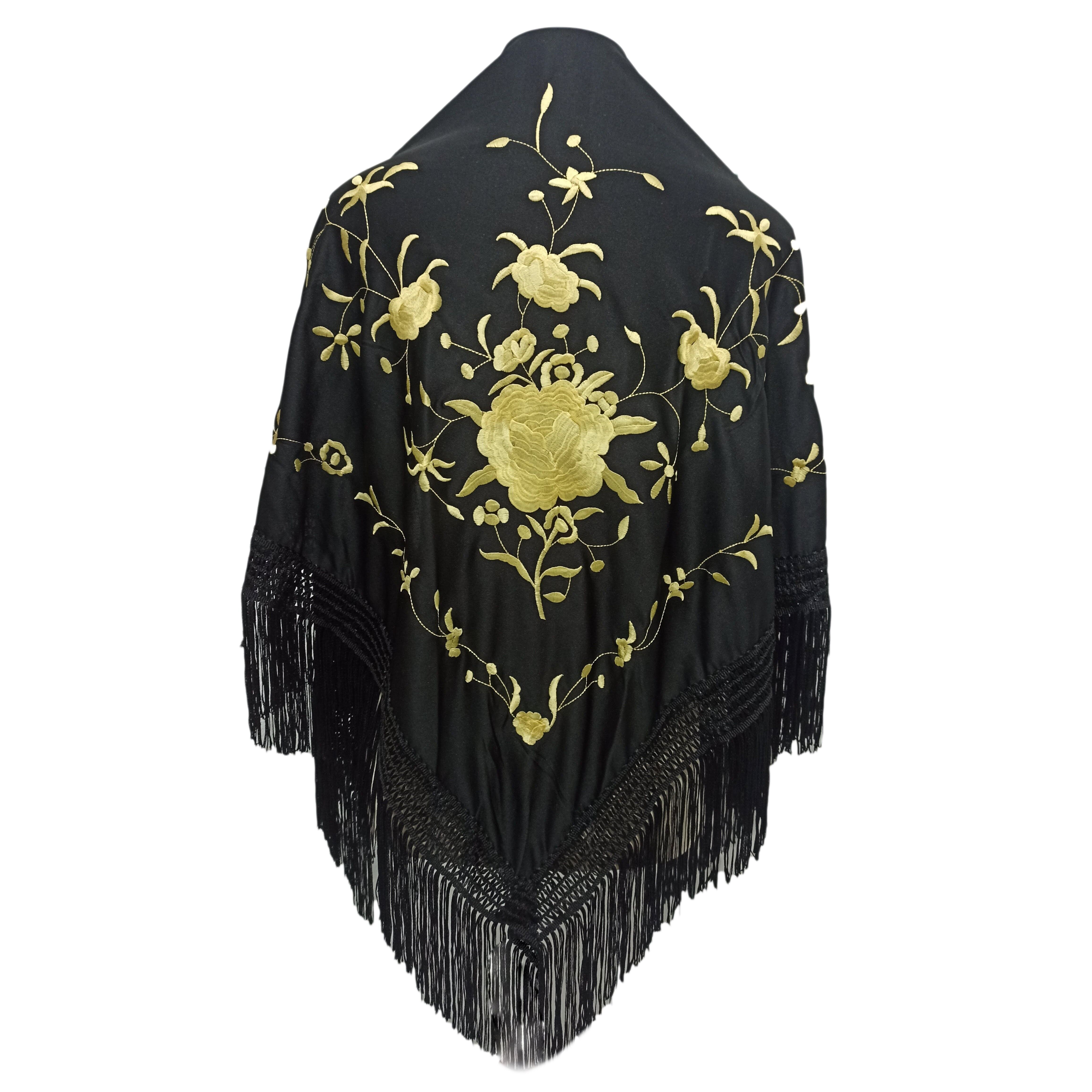 Scialle flamenco grande ricamato · Nero dorato (160 x 85 cm)