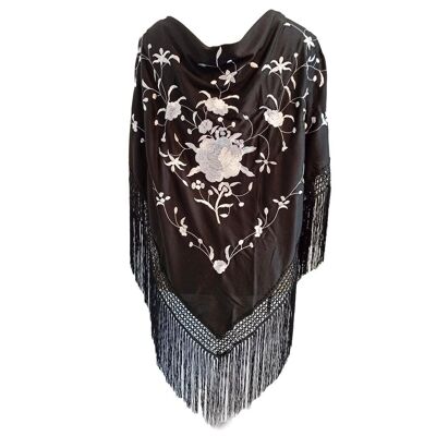 Grande scialle flamenco ricamato nero bianco (160 x 85 cm)