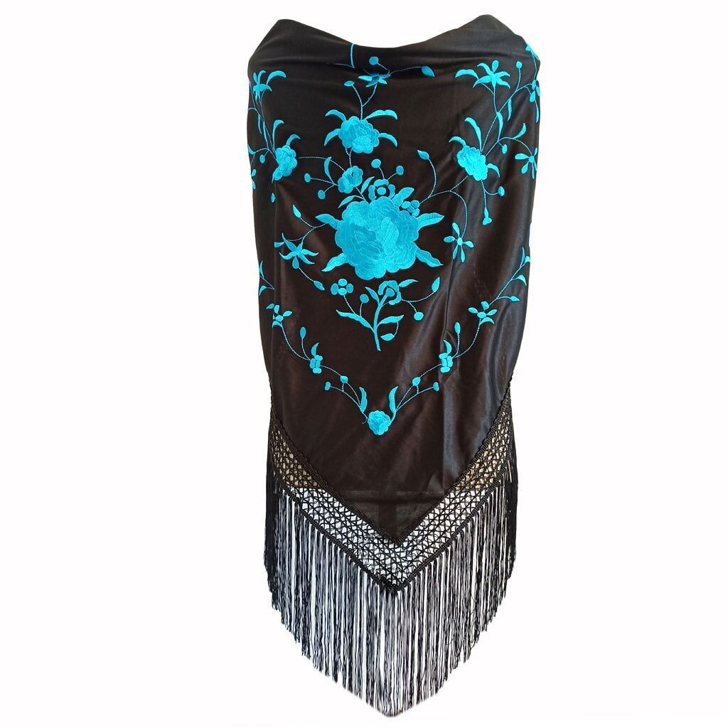 Scialle flamenco grande ricamato · Azzurro (160 x 85 cm)