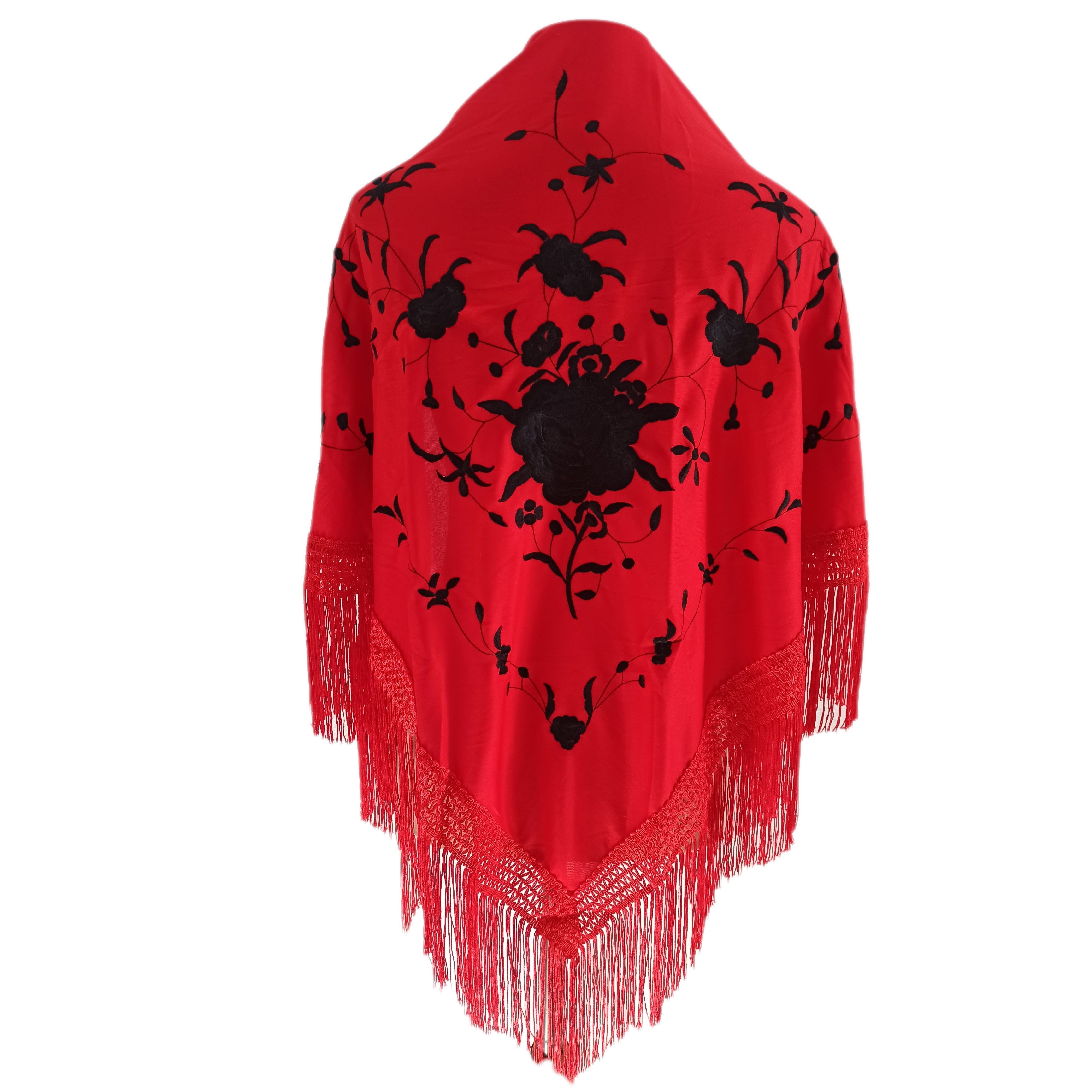 Grande scialle flamenco ricamato rosso nero (160 x 85 cm)