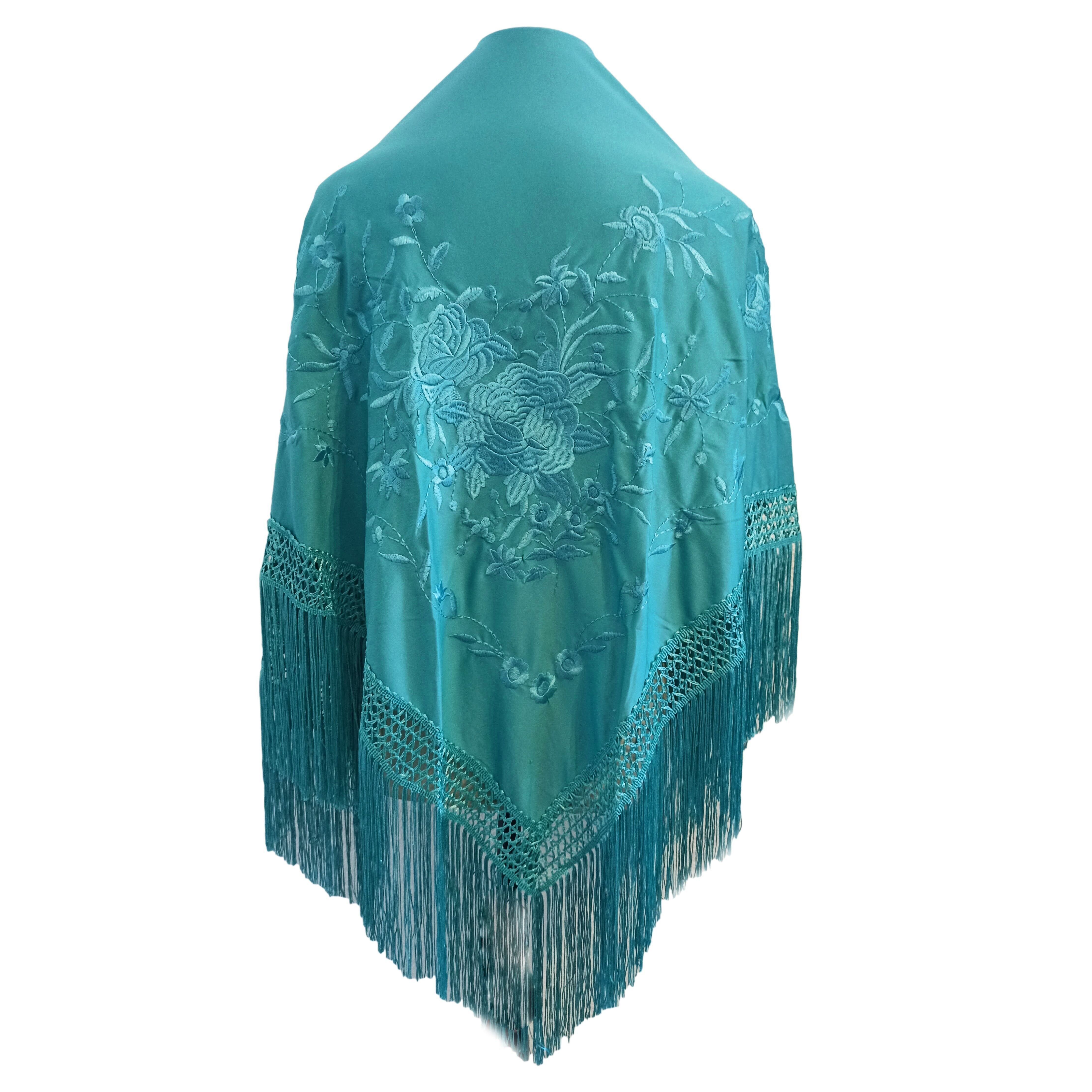 Grande scialle flamenco ricamato · Floreale turchese (160 x 85 cm) ultime unità!