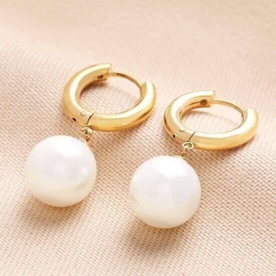 Stainless Steel Large Pearl Drop Huggie Hoop Earrings  Gold