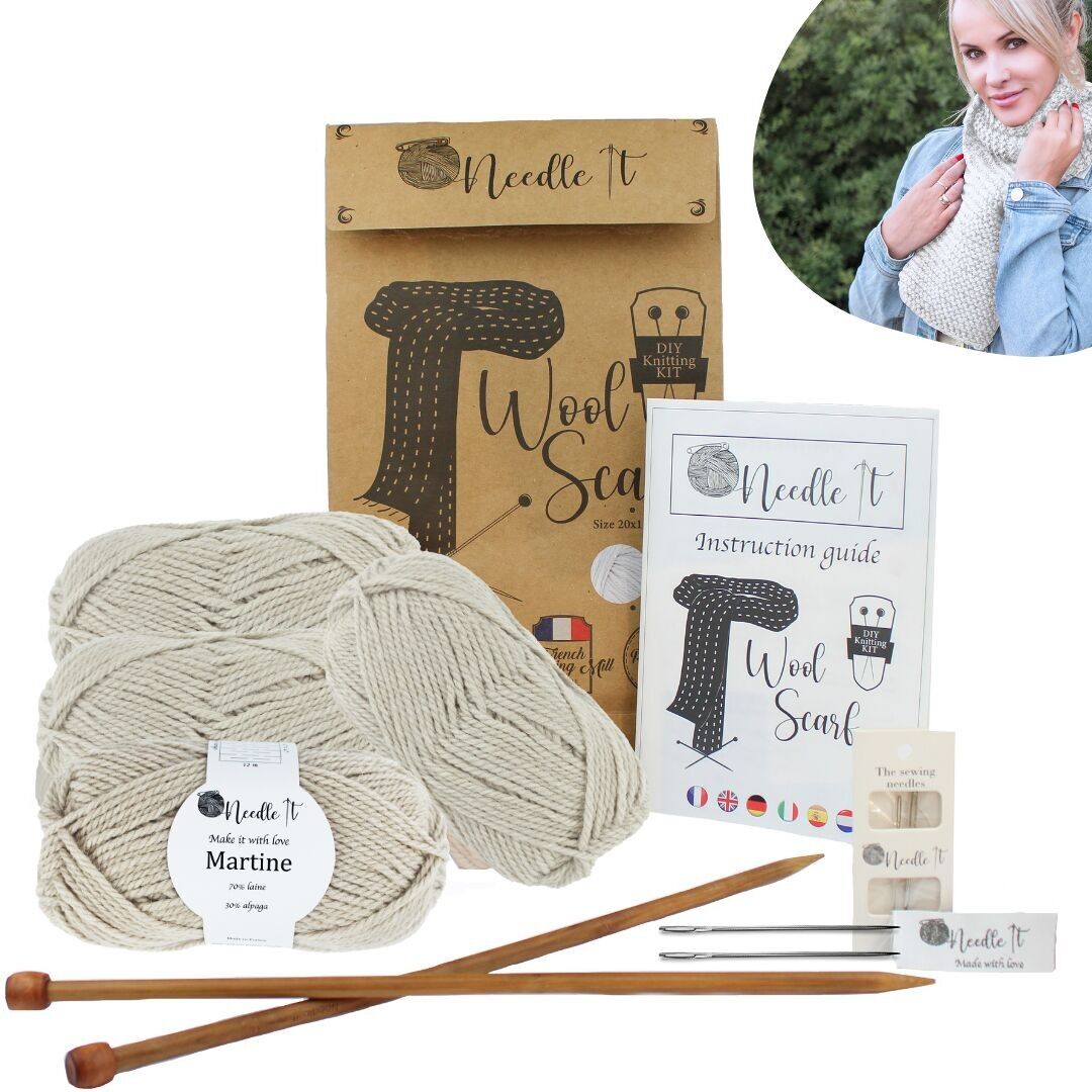 NEEDLE IT® Kit Tricot Écharpe Débutant Complet - Aiguilles et Laine Incluses - DIY Écharpe à Tricoter - Idée Cadeau Originale - Made in France - Écharpe à tricoter soi même