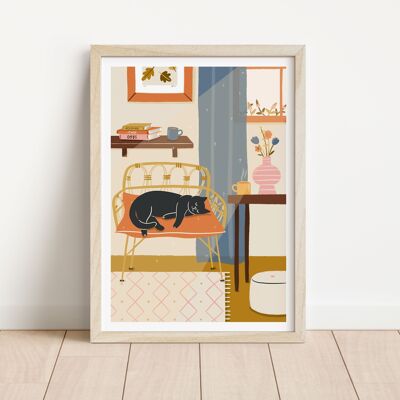 Cozy Autumn Days - Stampa artistica A4 di un gatto addormentato