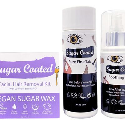 Sugar Coated Facial Waxing Pack - Facial Hair Removal Kit, Pure Fine Talc & Soothing Mist