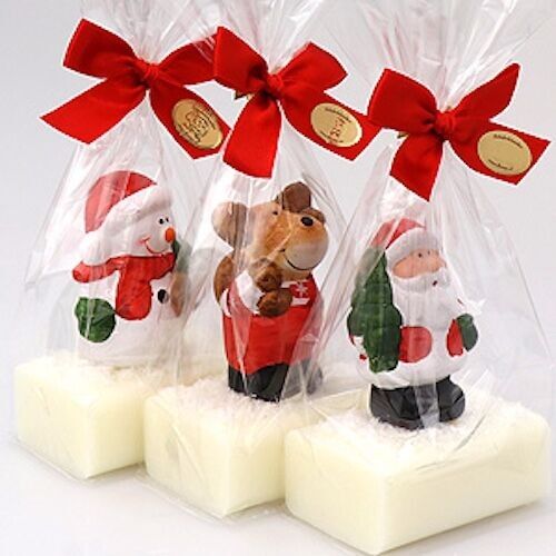 Jabón de leche de oveja cuadrado 100g, decorado con una figura navideña