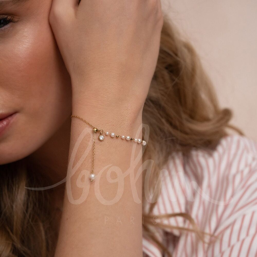 Teodora-Armband – Schiebekugel, weiße Harzperlen und geschliffener Kristall