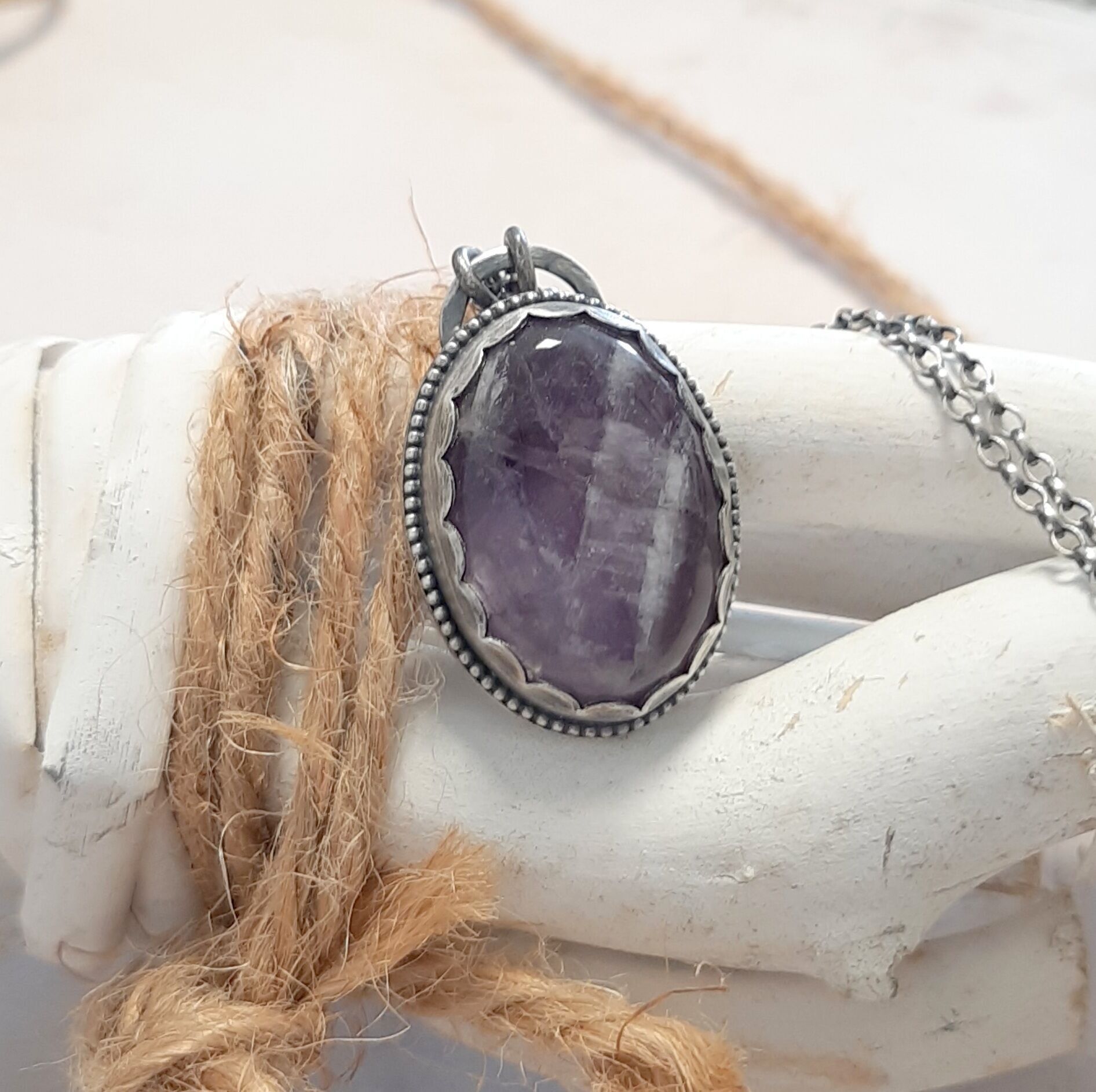 Collana lunga etnica in argento sterling e ametista