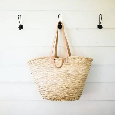 Cesta francesa con doble piel plana y bolso de paja