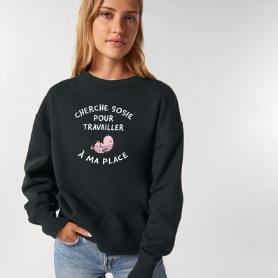 BLACK SWEATSHIRT WOMAN LOOKING FOR LOOKALIKE TO WORK IN MY PLACE