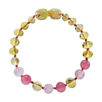 Baby bracelet - Amber and natural stones - Amber Lemon / Rose quartz / Chalcedony