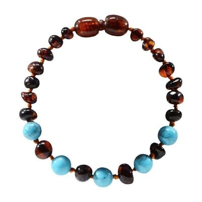 Baby bracelet - Amber and natural stone - Cognac amber / Blue turquoise