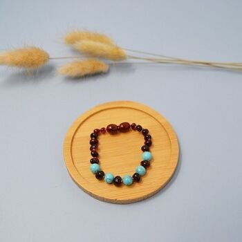 Bracelet bébé - Ambre et pierre naturelle - Ambre Cognac / Turquoise bleue 3